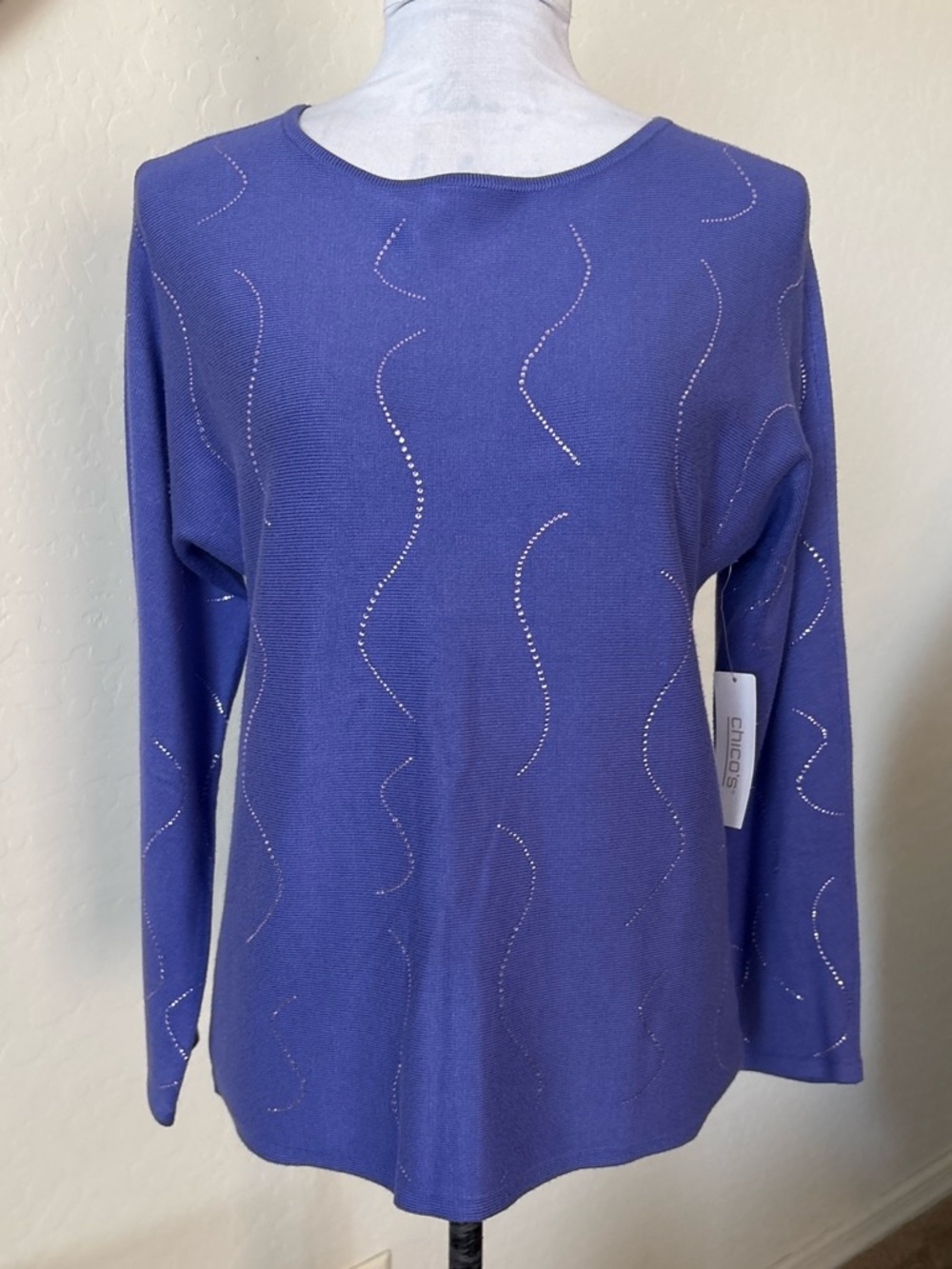 Chico's Lavender-Purple Long Sleeve Knit Top with Wavy Rhinestone Trim. 0 US S